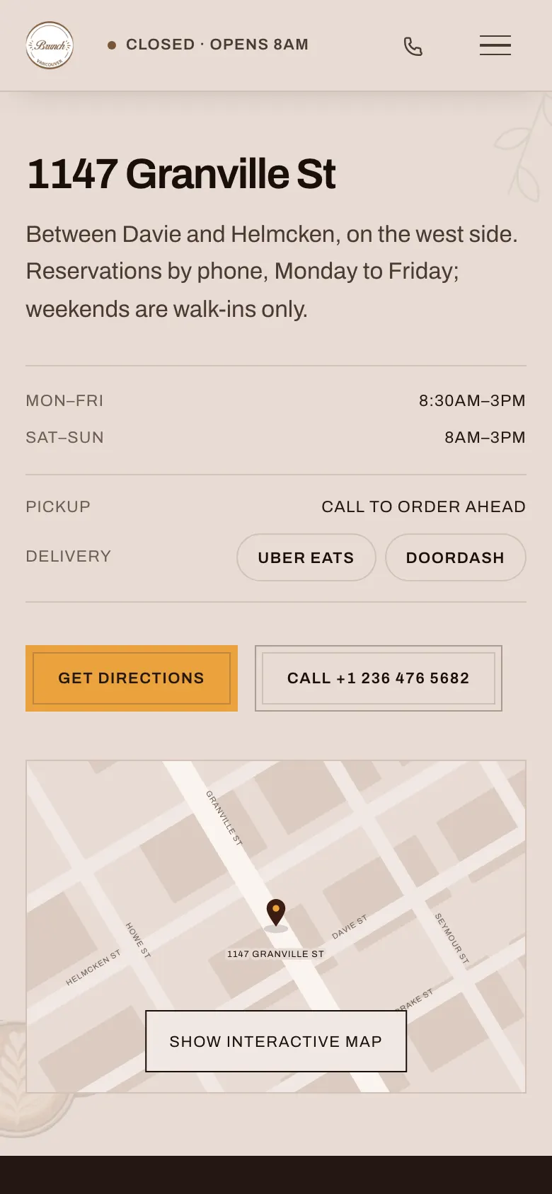 Brunch Vancouver location page on a phone