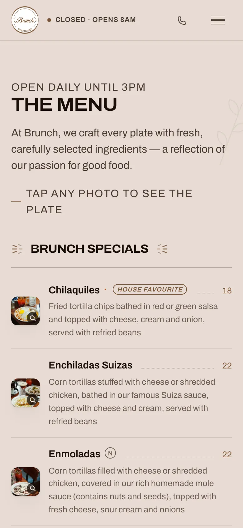 Brunch Vancouver menu on a phone